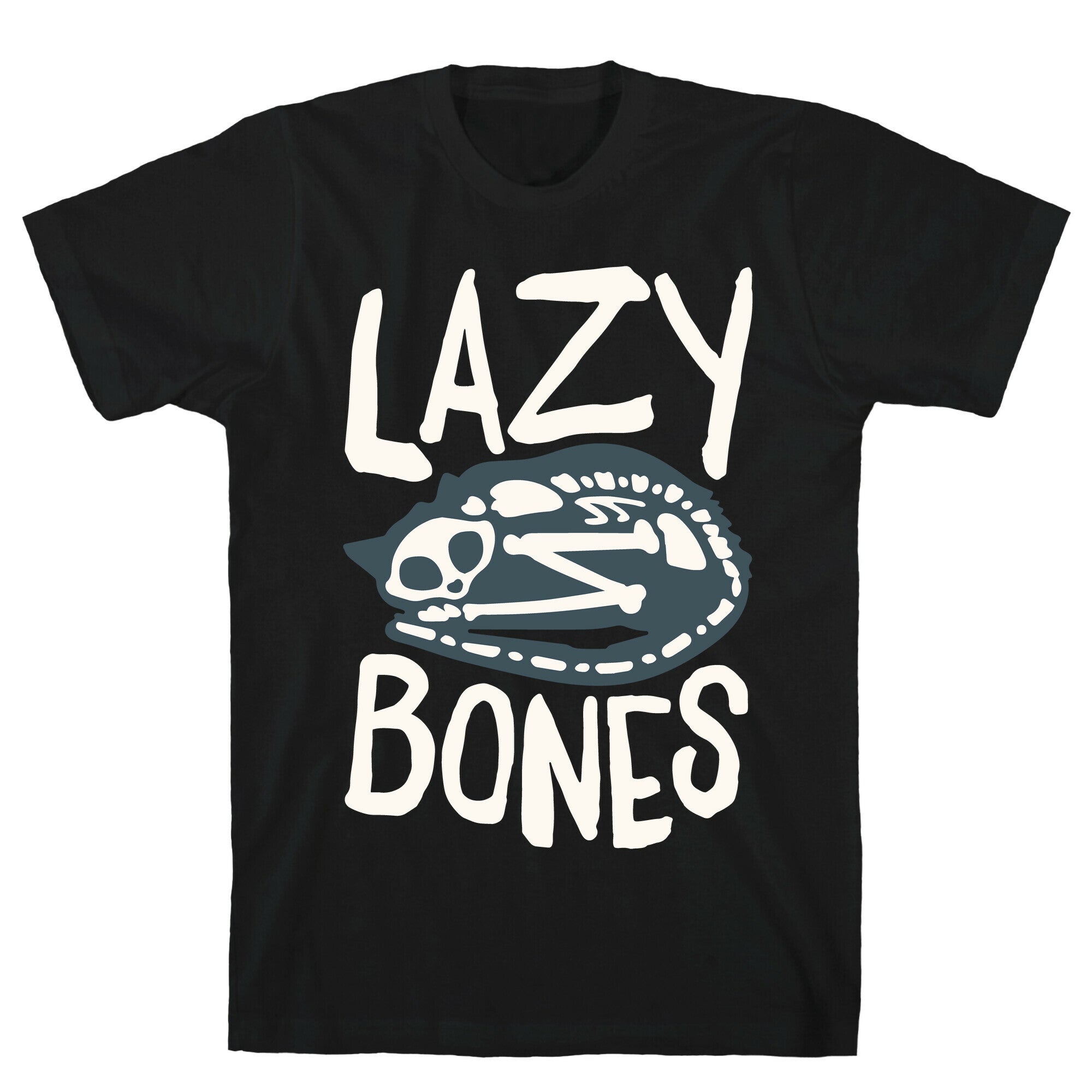 Lazy Bones Cat Skeleton White Print T-Shirt